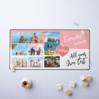 Simple pink white personalized text photo collage schreibtischunterlage