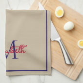 Simple Preppy Khaki Tan Deep Blue und Red Monogram Geschirrtuch (Viertel Falte)