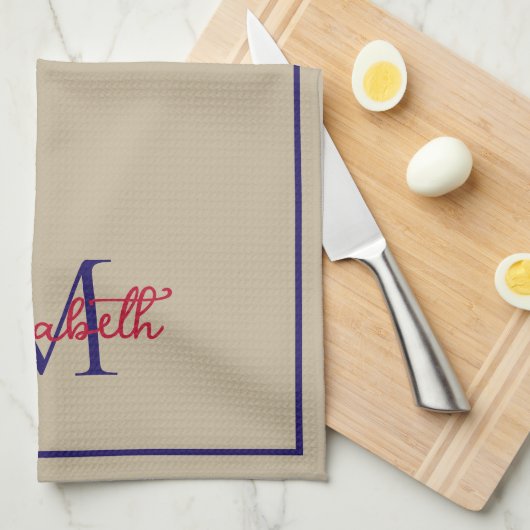 Simple Preppy Khaki Tan Deep Blue und Red Monogram Geschirrtuch (Viertel Falte)