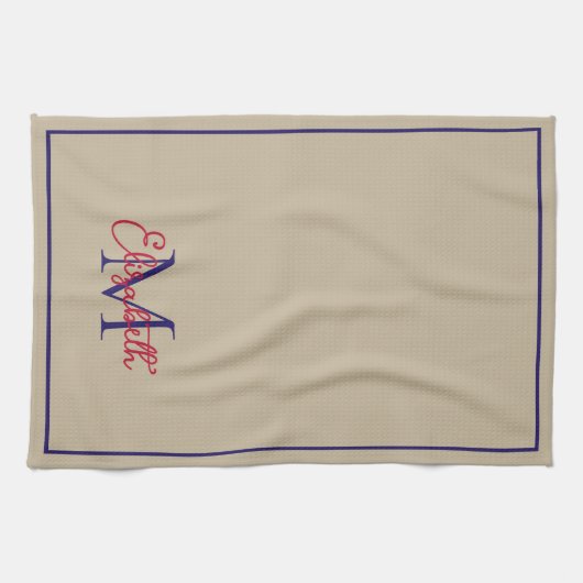 Simple Preppy Khaki Tan Deep Blue und Red Monogram Geschirrtuch (Horizontal)