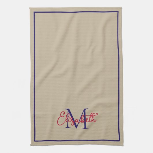 Simple Preppy Khaki Tan Deep Blue und Red Monogram Geschirrtuch (Vertikal)