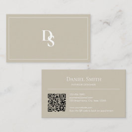 Simple Professional Beige with Initials QR Code Visitenkarte