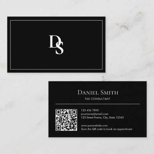 Simple Professional Black White Initials QR Code Visitenkarte (Vorne/Hinten)
