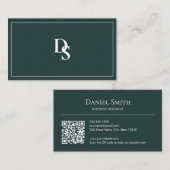 Simple Professional Dark Green Initials QR Code Visitenkarte (Vorne/Hinten)