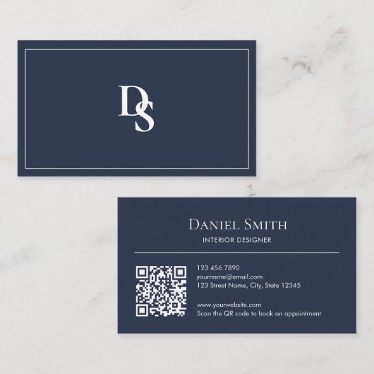 Simple Professional Dusty Blue Initials QR Code Visitenkarte (Vorne/Hinten)