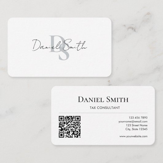 Simple Professional Monogram Initial QR code White Visitenkarte (Vorne/Hinten)