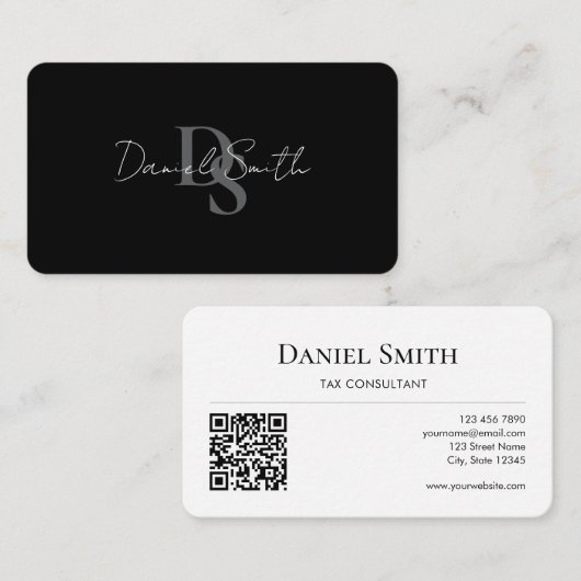 Simple Professional Monogram Initial QR code White Visitenkarte (Vorne/Hinten)