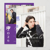 Simple Purple Calligraphy Photo Black Graduation  Einladung (Vorne/Hinten)