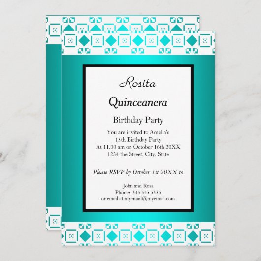 Simple Quinceanera Aquamarin White Geburtstagspart Einladung (Vorne/Hinten)
