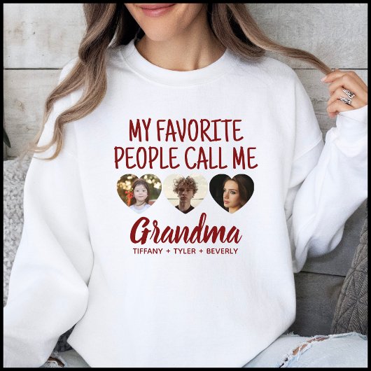 Simple Red 3 Photo Grandkids Names Grandma Sweatshirt