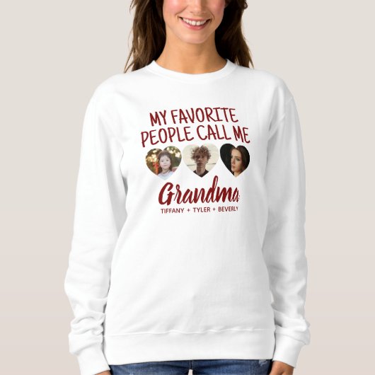 Simple Red 3 Photo Grandkids Names Grandma Sweatshirt (Vorderseite)
