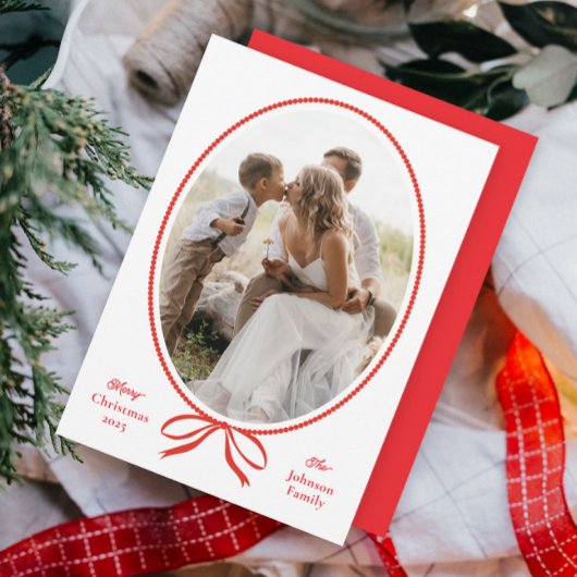 Simple Red Bow Oval Foto Christmas Feiertagskarte