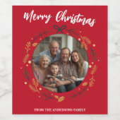 Simple red Christmas Wreath Photo Family name Weinetikett (Einzelnes Label)
