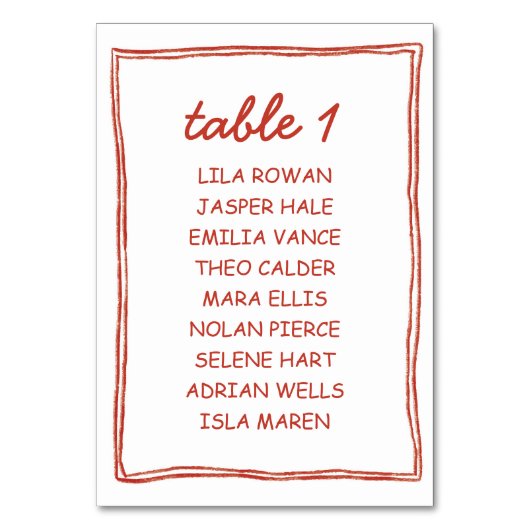 Simple Red Doodle Wedding Seating Chart Card Tischnummer (Vorderseite)