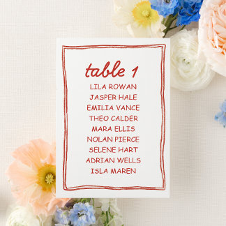 Simple Red Doodle Wedding Seating Chart Card Tischnummer