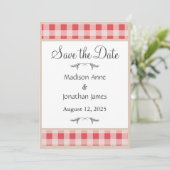 Simple Red Kariert Gingham Country Rustikal Save The Date (Stehend Vorderseite)