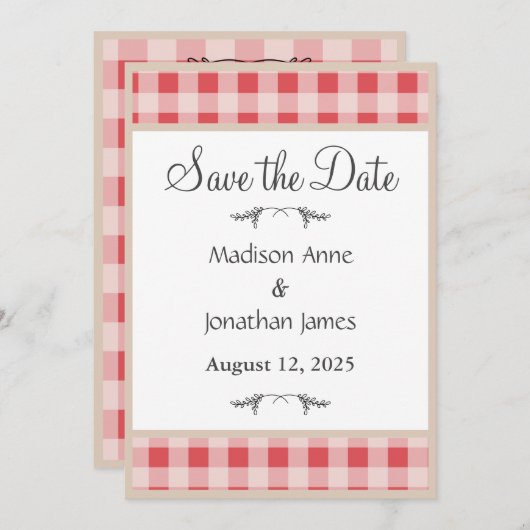 Simple Red Kariert Gingham Country Rustikal Save The Date (Vorne/Hinten)