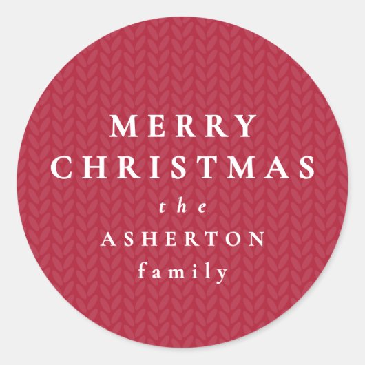 Simple red Merry Christmas knit pattern gift Runder Aufkleber (Vorderseite)