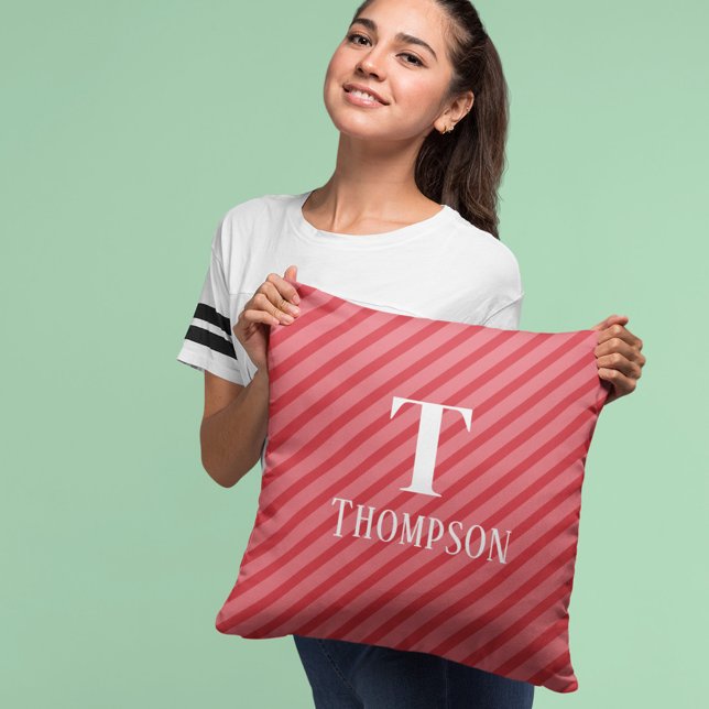 Simple Red Striped Monogram Personalized Kissen (Christmas Whimsical Red Stripes Monogram Family Throw Pillow. )