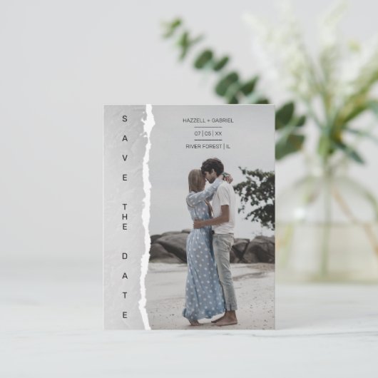 Simple Ripped Paper Effect Wedding Custom Foto Postkarte (Stehend Vorderseite)