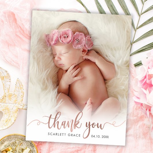 Simple Rose Gold Script Baby Foto Vielen Dank Postkarte