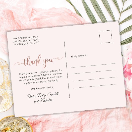 Simple Rose Gold Script Baby Foto Vielen Dank Postkarte