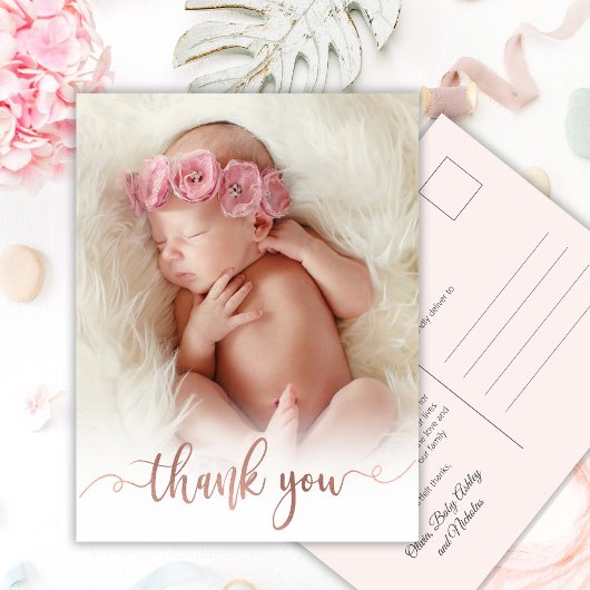 Simple Rose Gold Script Baby Foto Vielen Dank Postkarte