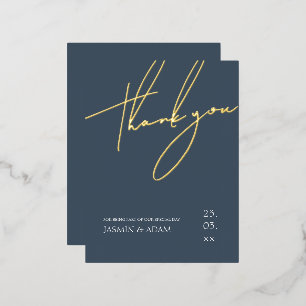 Simple Royal Blue Gold Script Wedding Vielen Dank Folie Einladungspostkarte