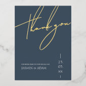 Simple Royal Blue Gold Script Wedding Vielen Dank Folie Einladungspostkarte (Vorderseite)