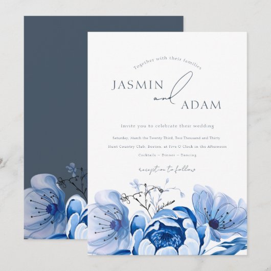 Simple Royal Blue Opulence Floral Rose Hochzeiten Einladung (Vorne/Hinten)