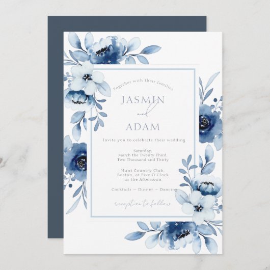 Simple Royal Blue Opulence Floral Wedding Einladung (Vorne/Hinten)