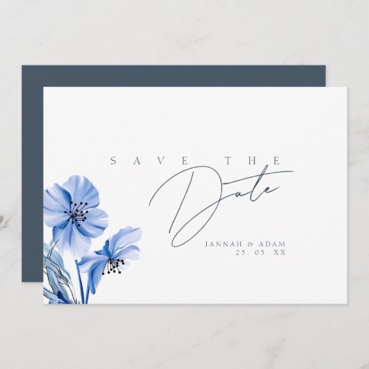 Simple Royal Blue Opulence Floral Wedding Save The Date (Vorne/Hinten)