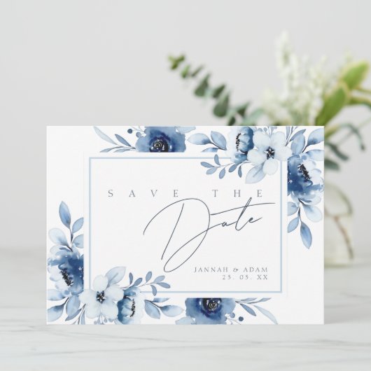 Simple Royal Blue Opulence Floral Wedding Save The Date (Stehend Vorderseite)