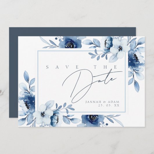 Simple Royal Blue Opulence Floral Wedding Save The Date (Vorne/Hinten)