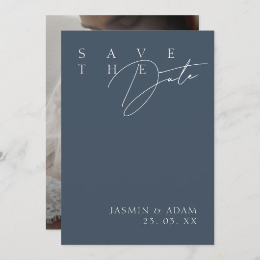 Simple Royal Blue Opulence Modernes Foto Hochzeit Save The Date (Vorne/Hinten)