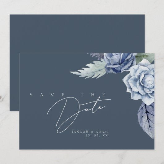 Simple Royal Blue Rose Floral Wedding Save The Date (Vorne/Hinten)