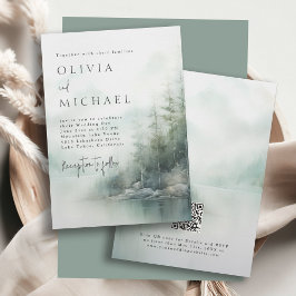 Simple Rustic Mountain Lake Misty Pines Wedding Einladung