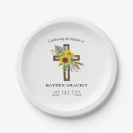 Simple Rustic Sunflower Wooden Cross Baptism Pappteller