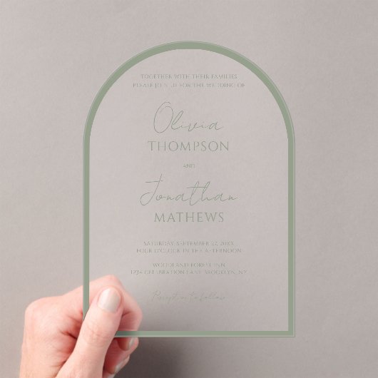 Simple Sage Green Border Script Wedding Arch Acryleinladungen (Insitu (Handheld))