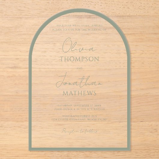 Simple Sage Green Border Script Wedding Arch Acryleinladungen (Vorderseite)
