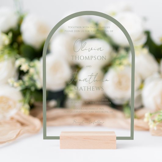 Simple Sage Green Border Script Wedding Arch Acryleinladungen