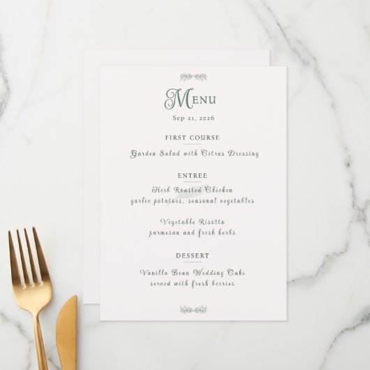 Simple Sage Green Botanical Minimalist Wedding Menükarte (Vorderseite/Rückseite Beispiel)