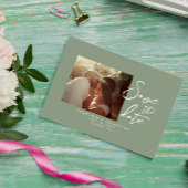 Simple Sage Green Calligraphy Boho Foto Wedding Save The Date