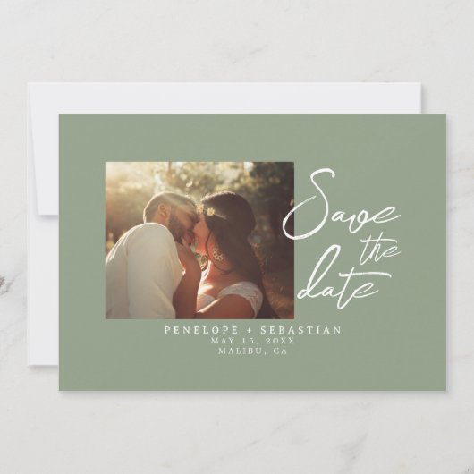 Simple Sage Green Calligraphy Boho Foto Wedding Save The Date (Vorderseite)