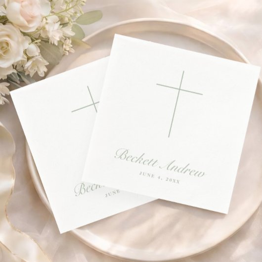 Simple Sage Green Cross Script Baptism Serviette