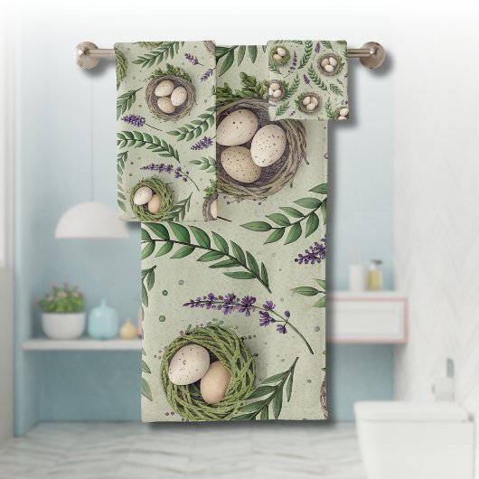 Simple Sage Green Easter Eggs Lavender Nest Badhandtuch Set