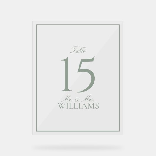 Simple Sage Green Elegante Hochzeit Tischnummer Acrylschild (Vorderseite)