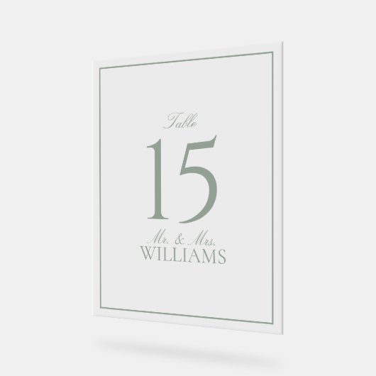 Simple Sage Green Elegante Hochzeit Tischnummer Acrylschild (Winkel)