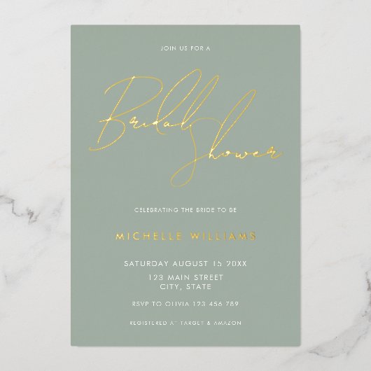 Simple Sage Green Elegante Script-Brautparty Folieneinladung (Vorderseite)