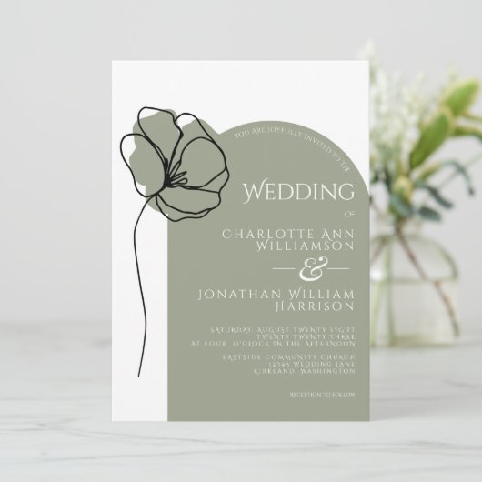 Simple Sage Green Modern Arch Floral Sketch Einladung (Stehend Vorderseite)